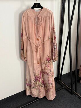 Zimmermann Pink Floral Midi Dress Long Sleeve Tie Waist Silk Dress